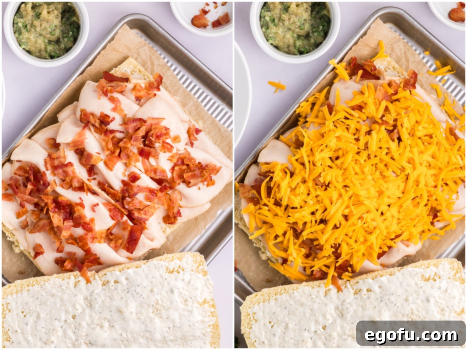 collage of two photos: layer of sliced chicken and crumbled bacon on rolls; shredded cheese added on top of bacon layer.