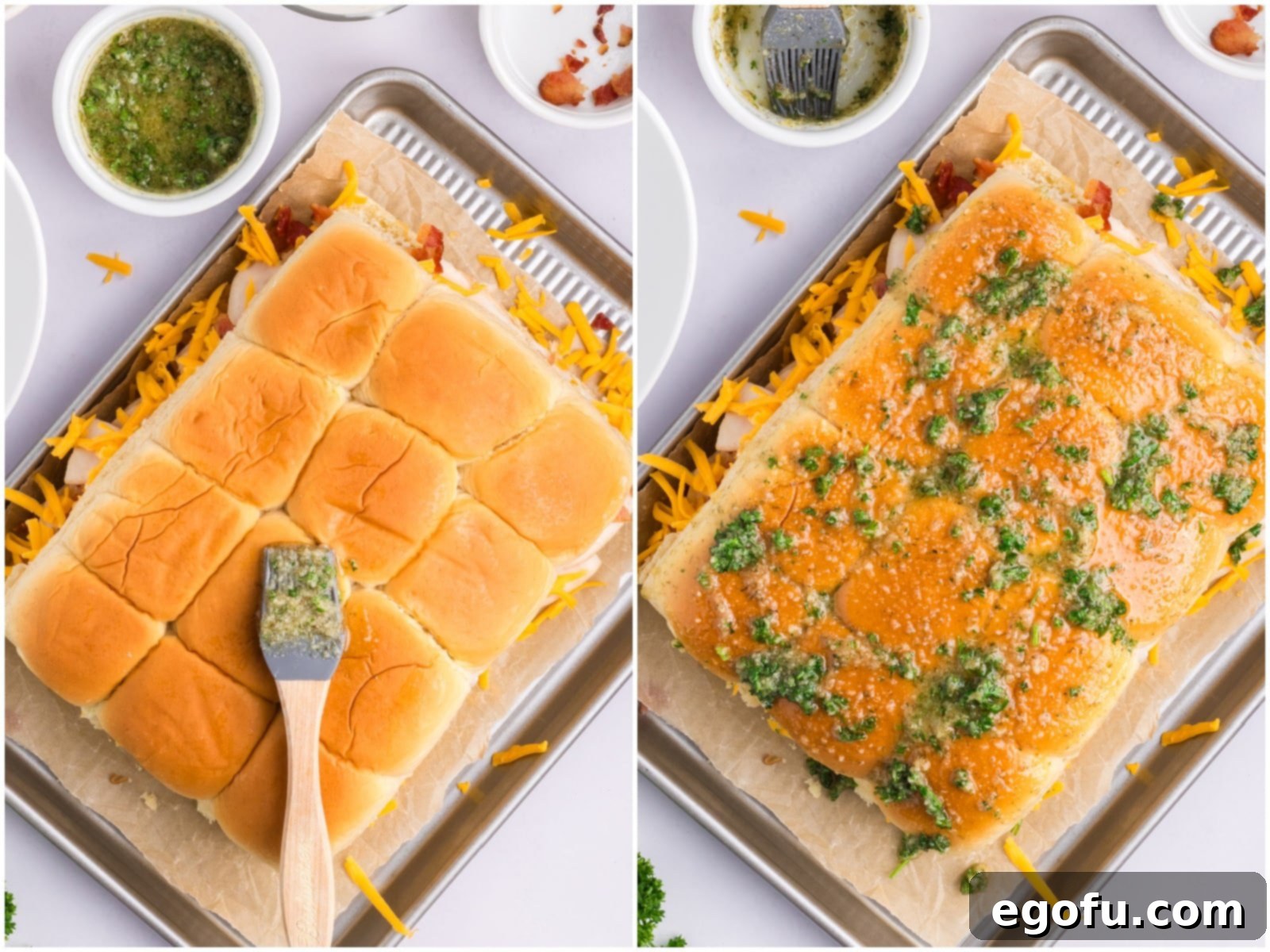 collage of two photos: a pastry brush brushing ranch butter on tops of rolls.; butter shown fully spread on top of slider rolls.