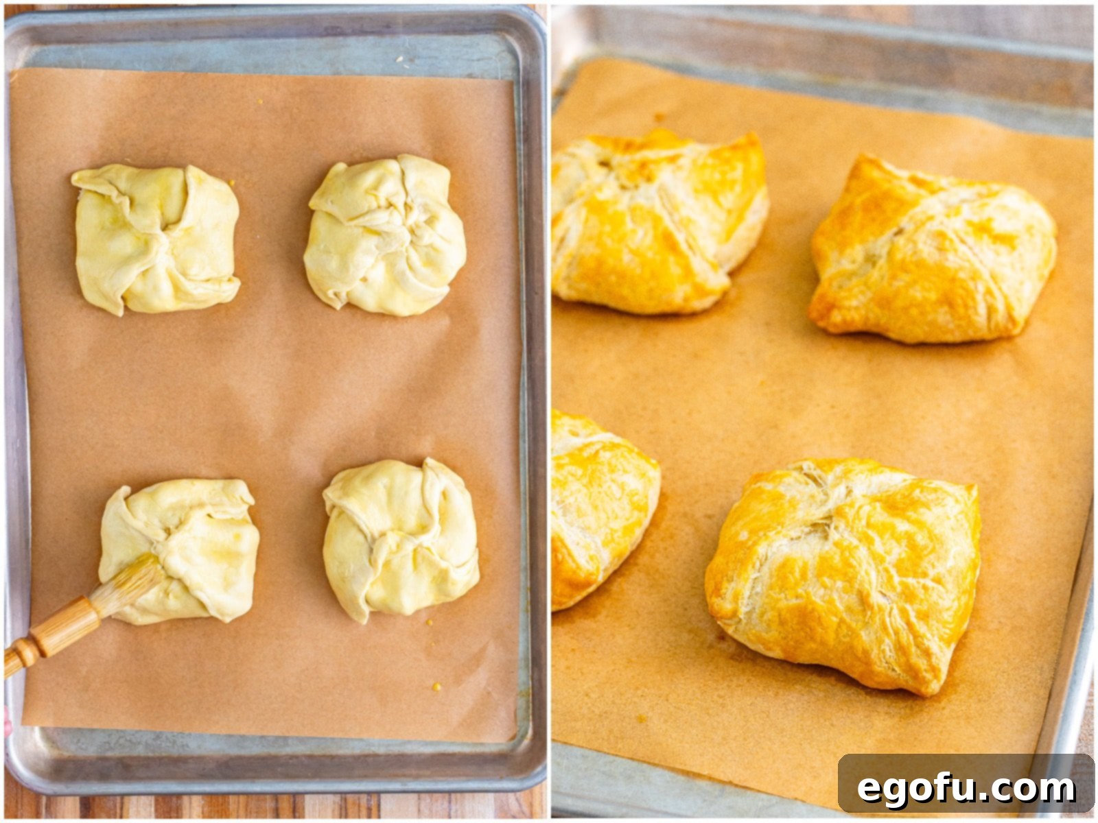 collage of two photos: egg wash being brushed onto puff pastry pounces; fully baked chicken Wellingtons on baking sheet. 