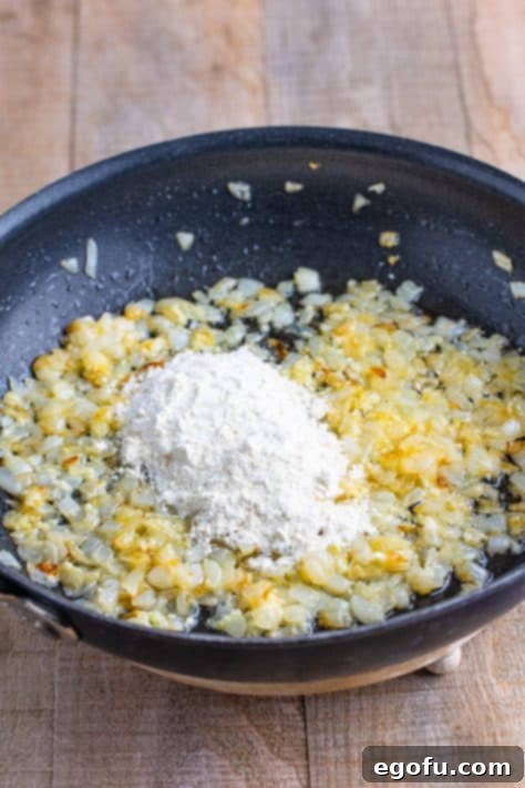 Flour, butter, and onions in a skillet.