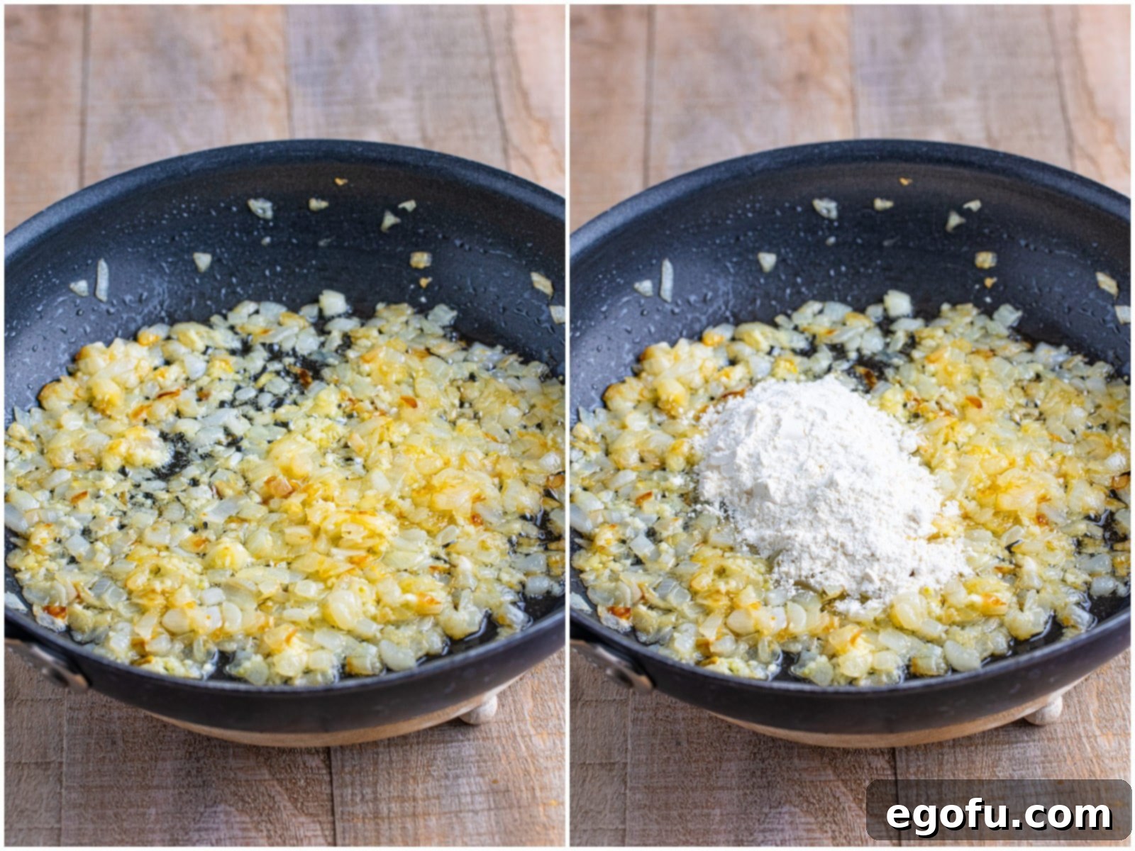 collage of two photos: butter and onions cooking in a skillet; flour added to skillet. 