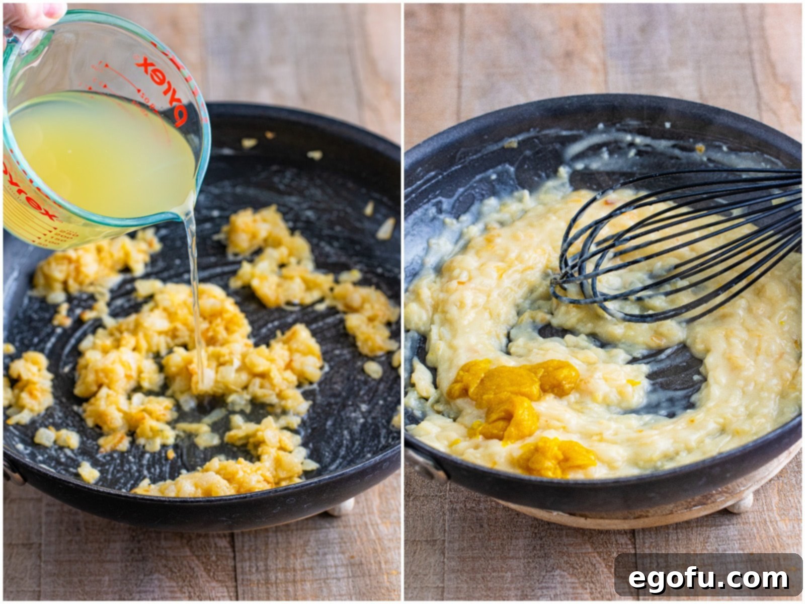 collage of two photos: during chicken stock into skillet; whisking in chicken base into roux. 
