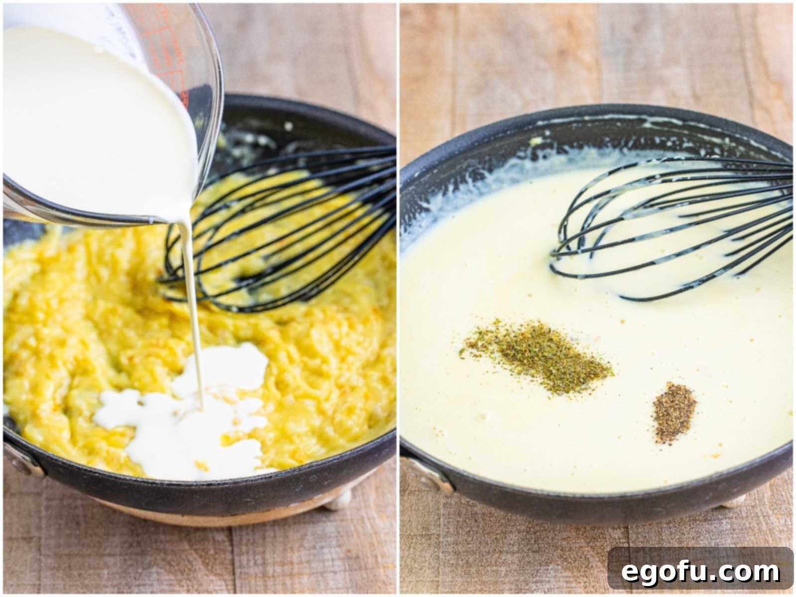 collage of two photos: pouring heavy cream into skillet; Italian seasoning and black pepper added to cream sauce in skillet. 
