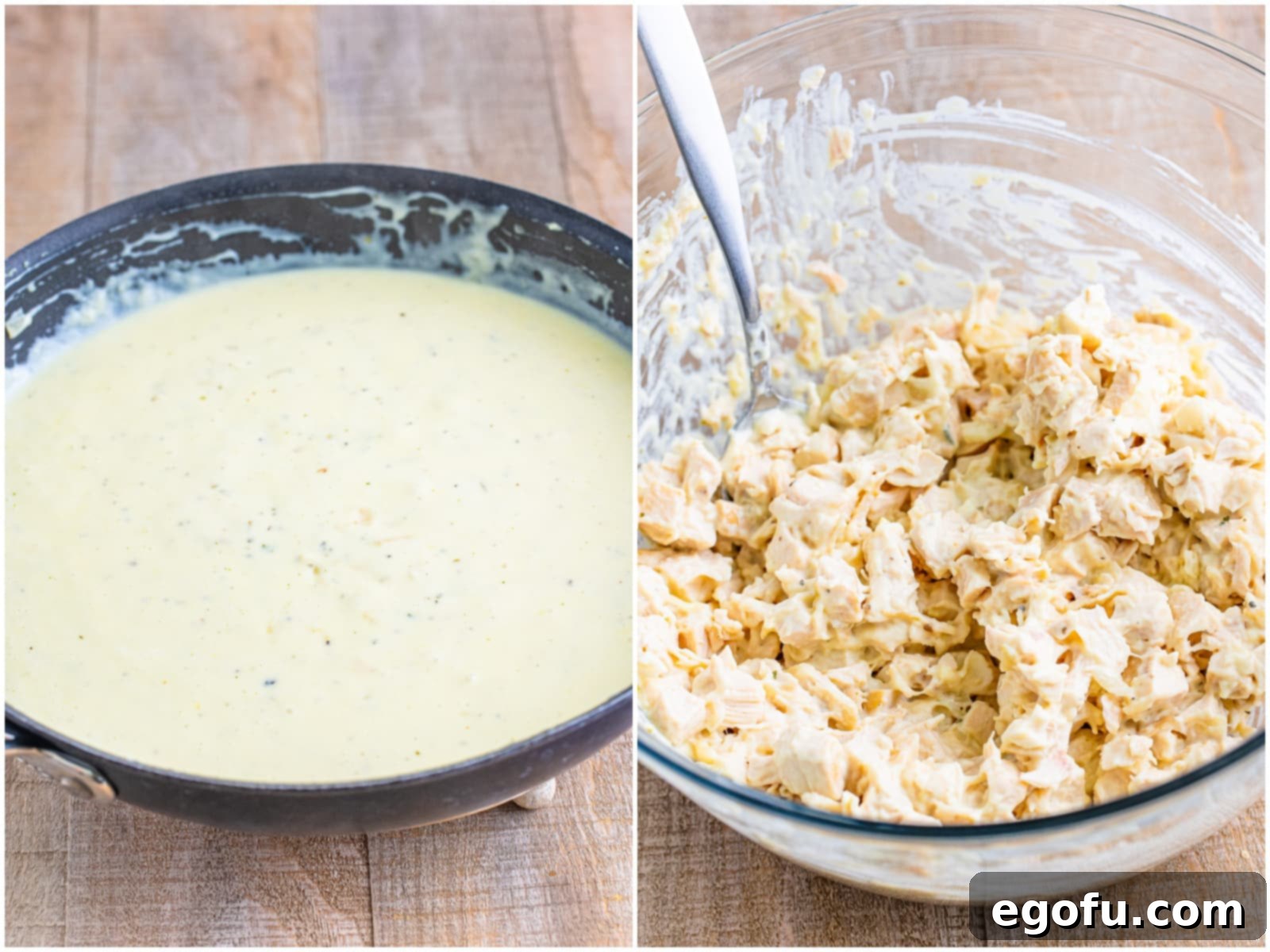 collage of two photos: cream sauce shown in skillet; diced chicken coated in cream sauce in a bowl. 
