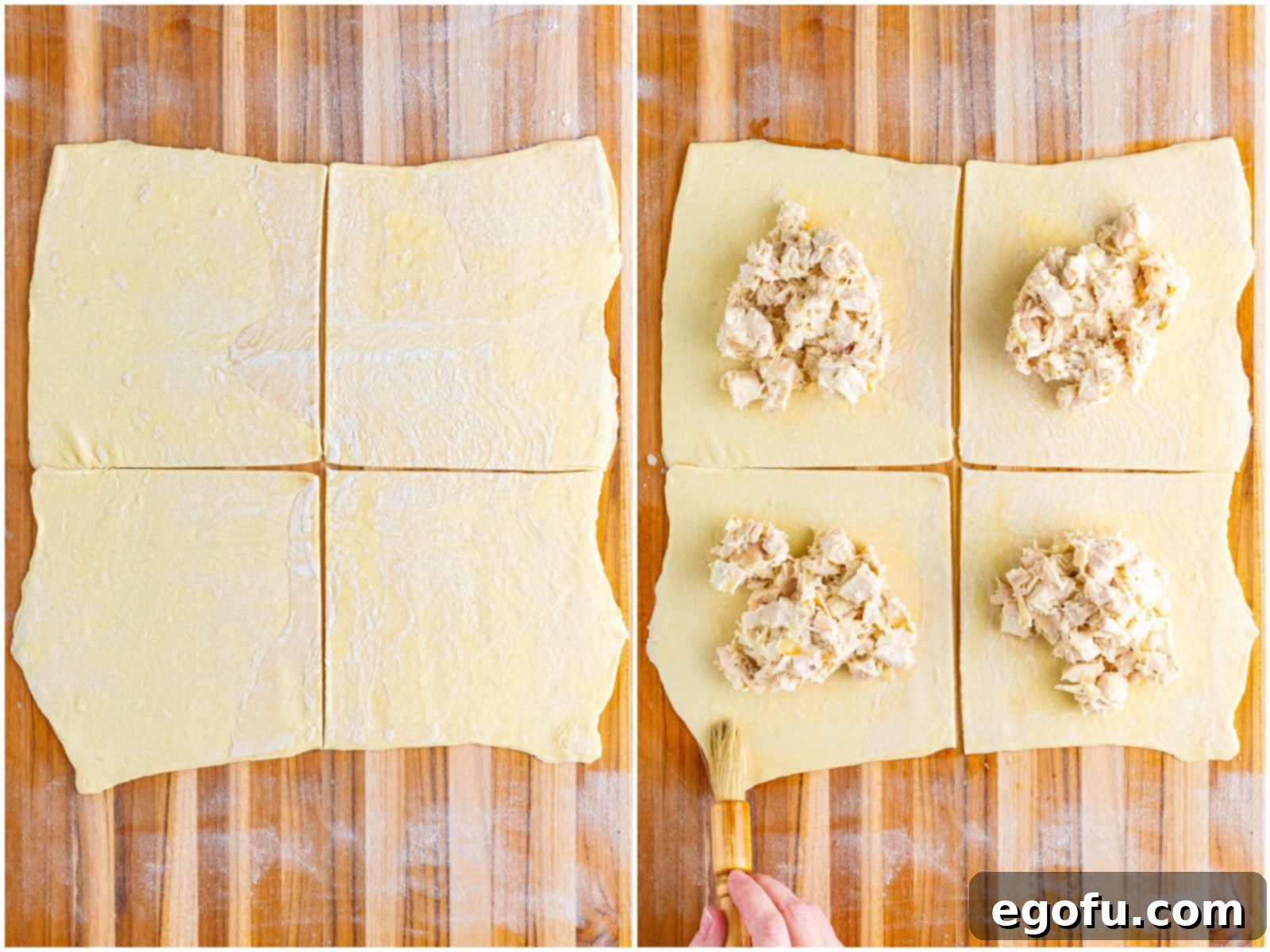 collage of two photos: four pieces of puff pastry squares; chicken filling added to the center of each puff pastry square. 