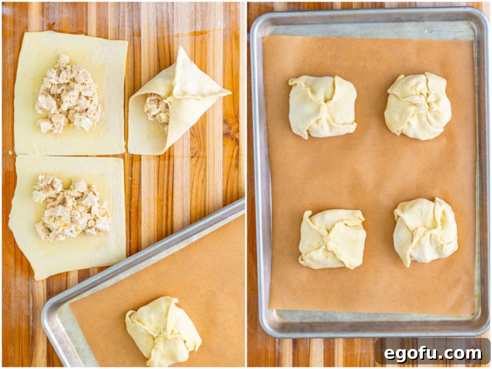 collage of two photos: demonstrating how to fold up the puff pastry; four chicken Wellingtons shown on the baking sheet. 