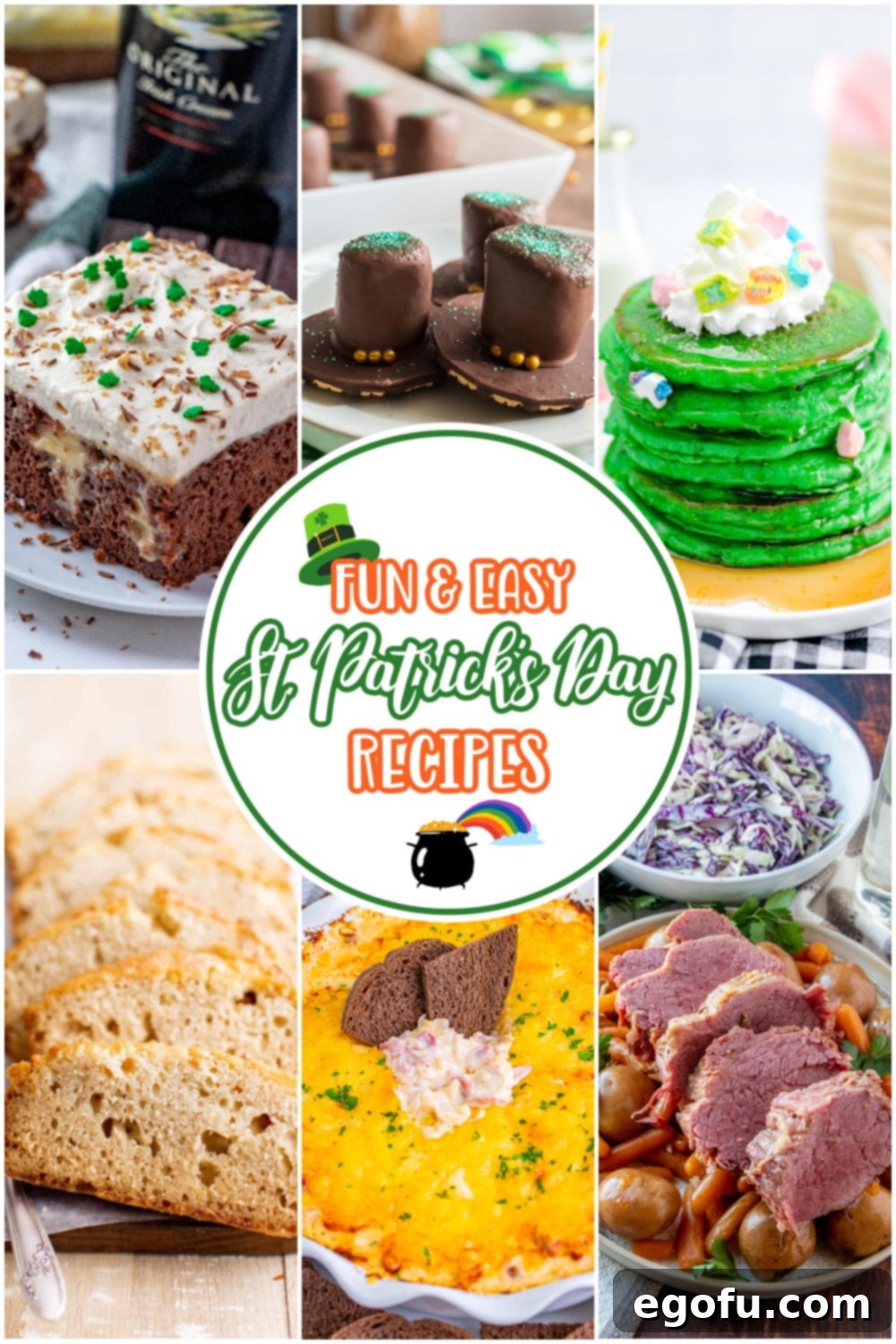 St Patricks Day Emerald Eats 2 A collage of 6 St Patrick's Day food photos with text in the center of the collage that says