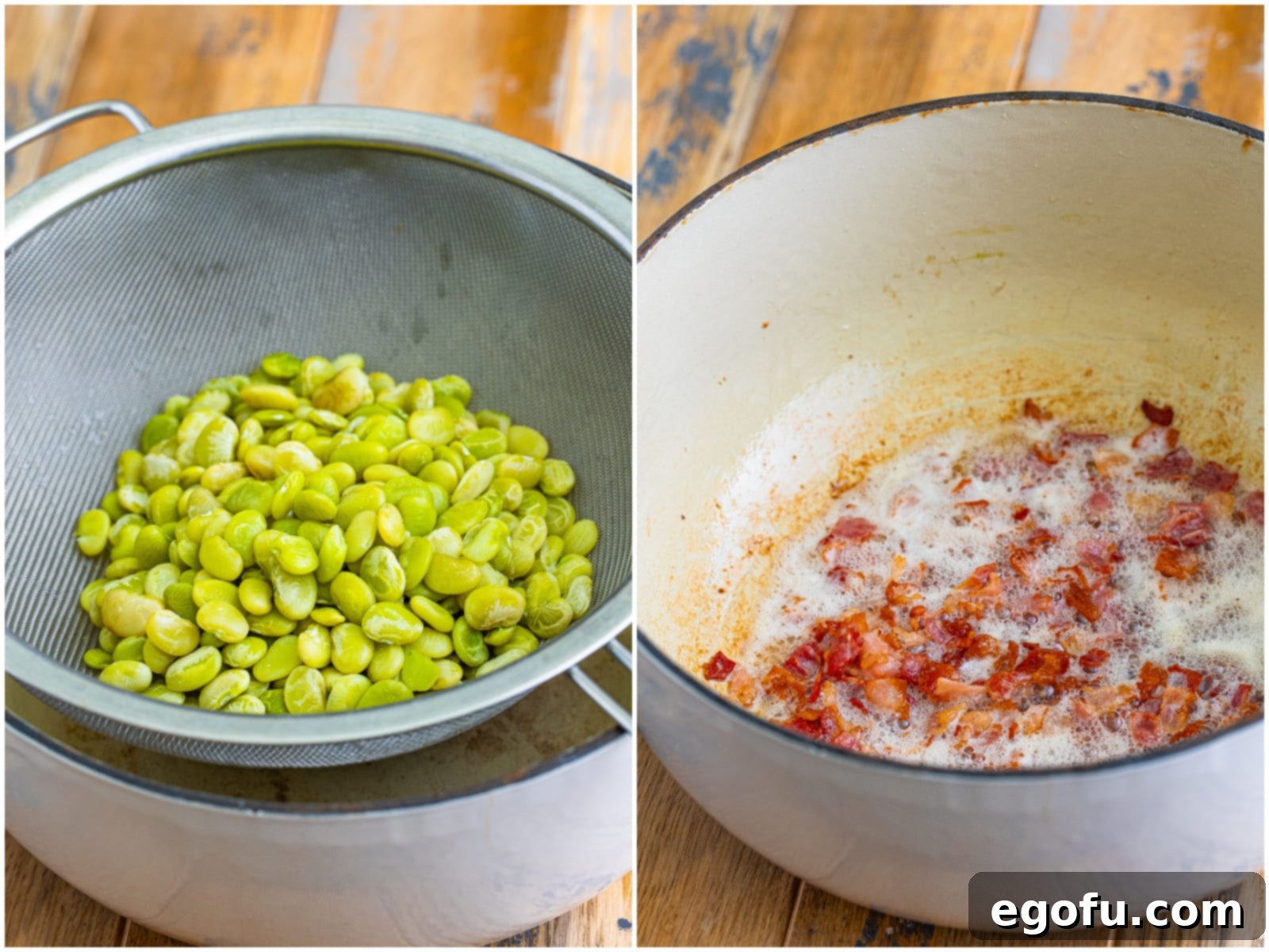 A collage showing tender boiled lima beans in a strainer and crispy cooked bacon in a Dutch oven, illustrating the initial preparation stages.