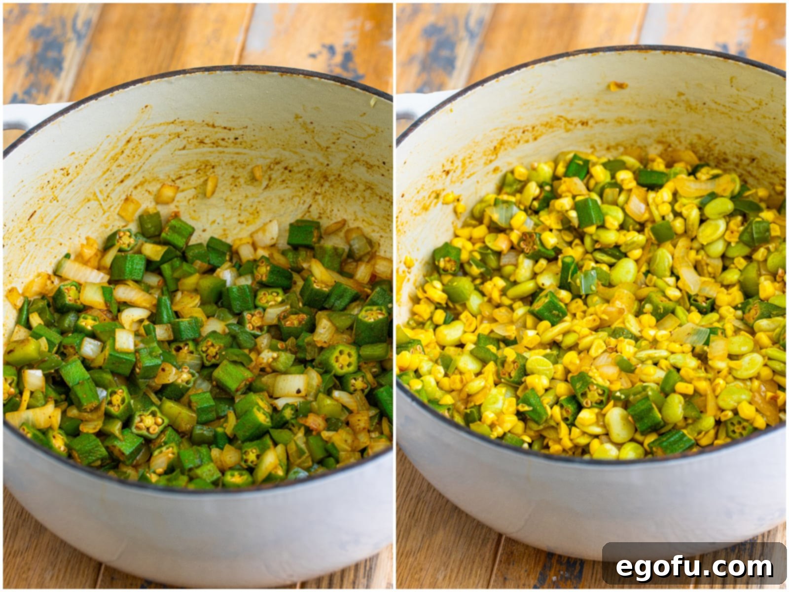 A collage featuring a Dutch oven with sautéing onions, bell peppers, okra, and seasonings, followed by the addition of corn and lima beans to the pot for further cooking.