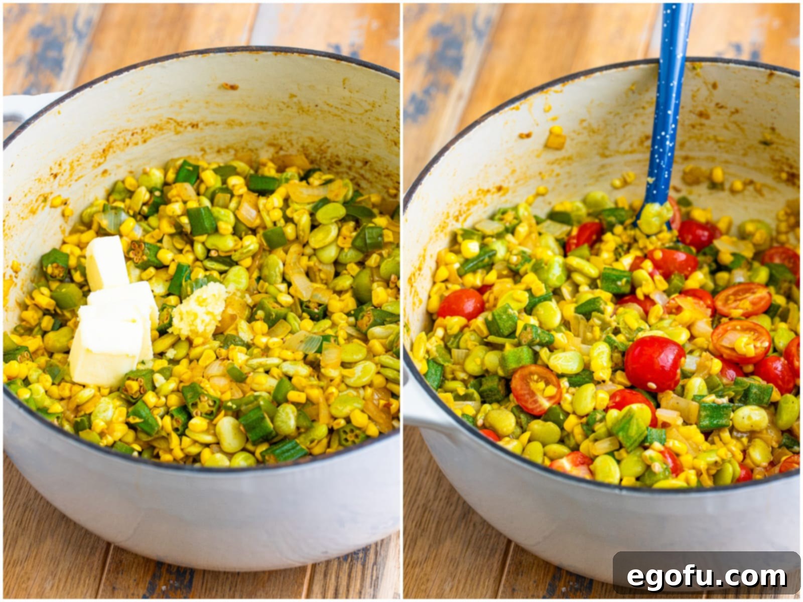 A collage showing melted butter and minced garlic being added to the succotash, followed by the incorporation of fresh sliced grape tomatoes.
