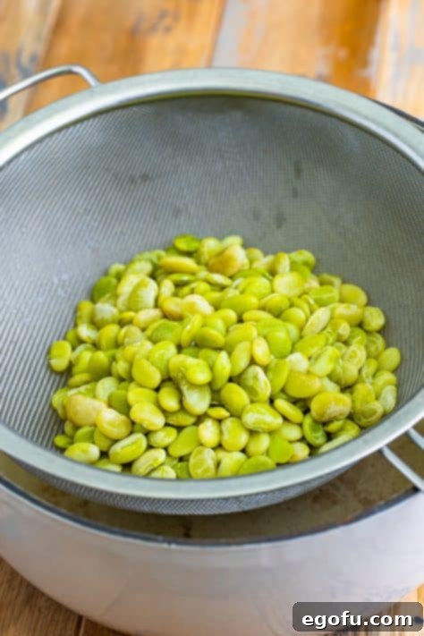 Boiled lima beans in a strainer, ready for the next step.