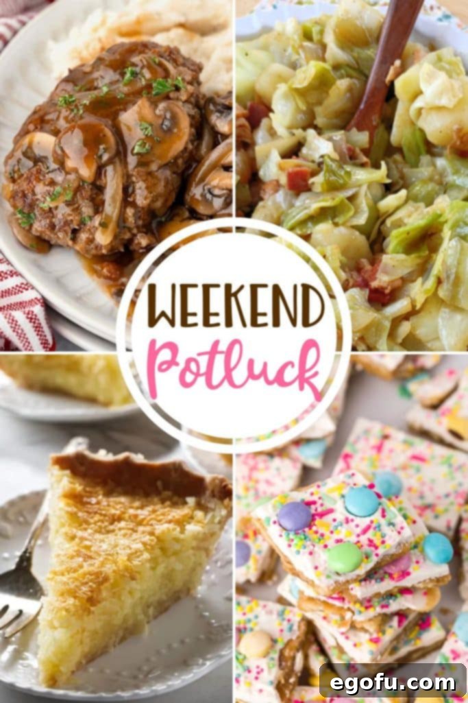 A vibrant collage of featured potluck dishes: savory Old-Fashioned Salisbury Steak with gravy, festive Easter Bark with sprinkles, a slice of creamy French Coconut Pie, and a hearty bowl of Southern-Style Smothered Cabbage and Potatoes.