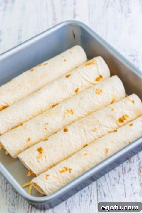 Date Night White Chicken Enchiladas 7 wrapped chicken tortillas in a baking dish.