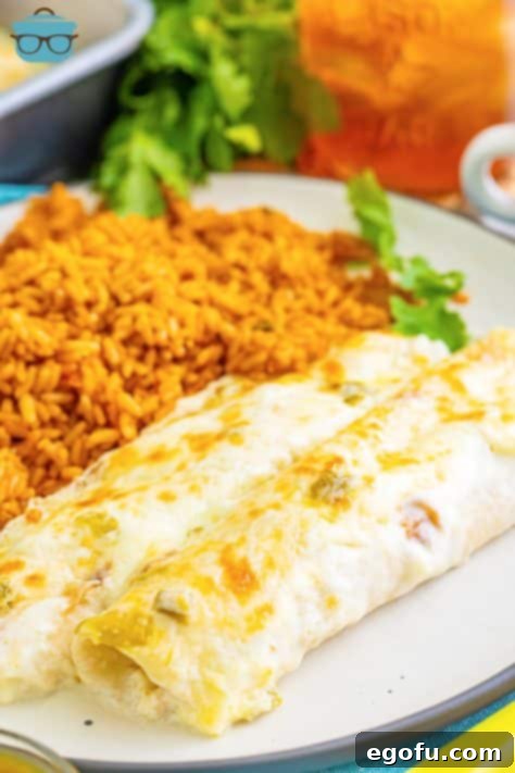 Date Night White Chicken Enchiladas 14 A plate with White Chicken Enchiladas and rice.