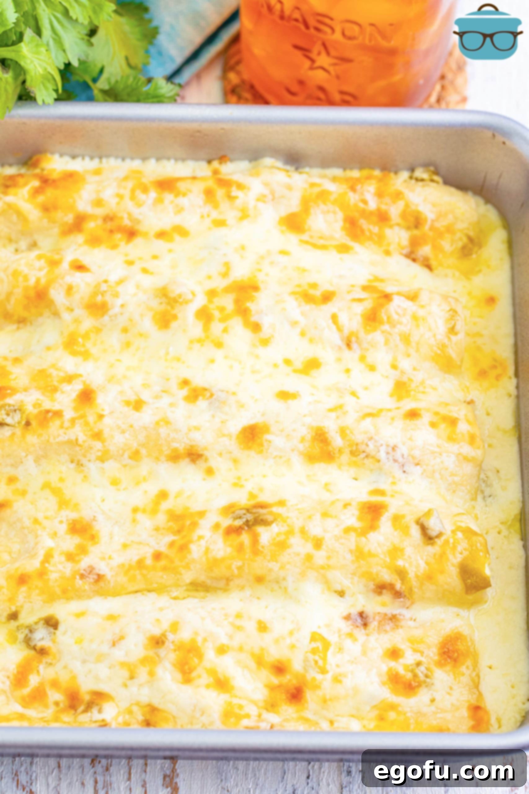 Date Night White Chicken Enchiladas 15 A baking dish of White Chicken Enchiladas.