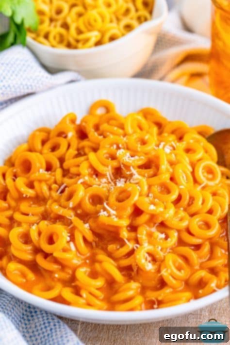 Wholesome Pasta O's 11 A white serving bowl of Homemade Spaghettios.