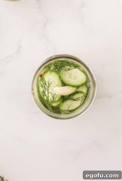 Vinegar poured over cucumber mixture in jar.