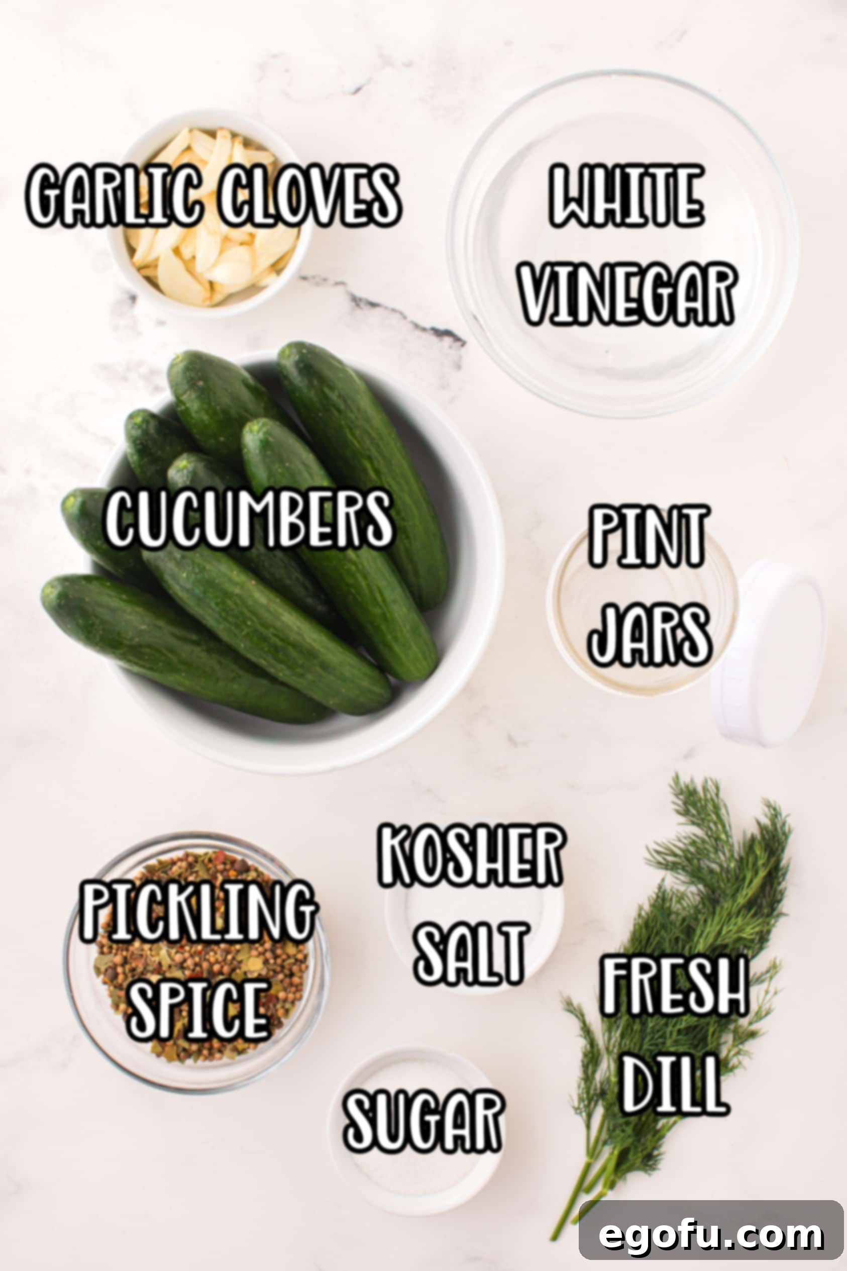 A flat lay photograph displaying all the ingredients for refrigerator dill pickles: cucumbers, water, sugar, white vinegar, fresh dill, fresh garlic, Kosher salt, and a jar of pickling spice.