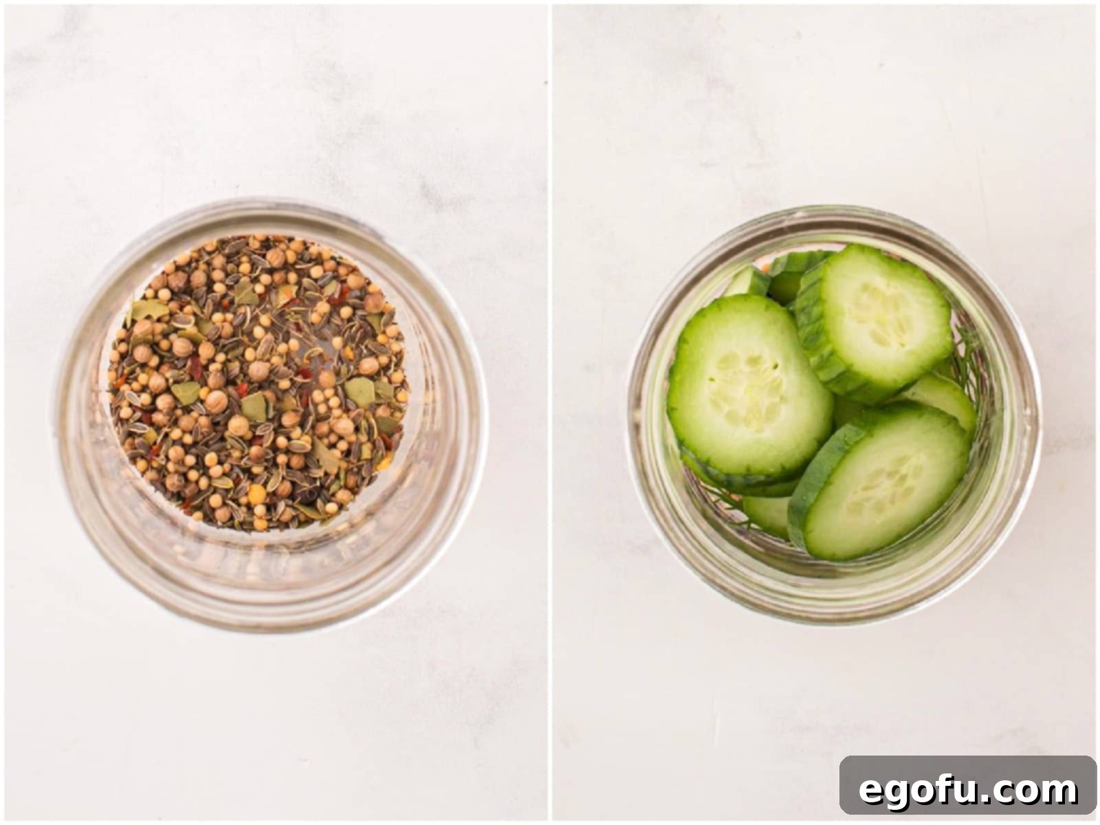 A collage of two photos: the first shows pickling spice being poured into the bottom of a mason jar, and the second shows sliced cucumbers layered on top of the pickling mix inside the jar.