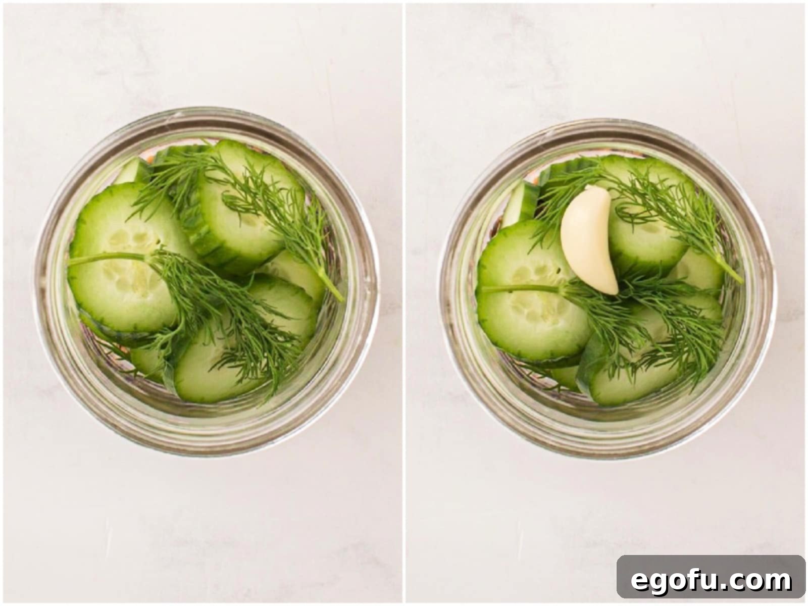 A collage of two photos illustrating the layering process: one shows fresh dill being added over sliced cucumbers in a jar, and the other shows a peeled garlic clove being placed on top of the dill.