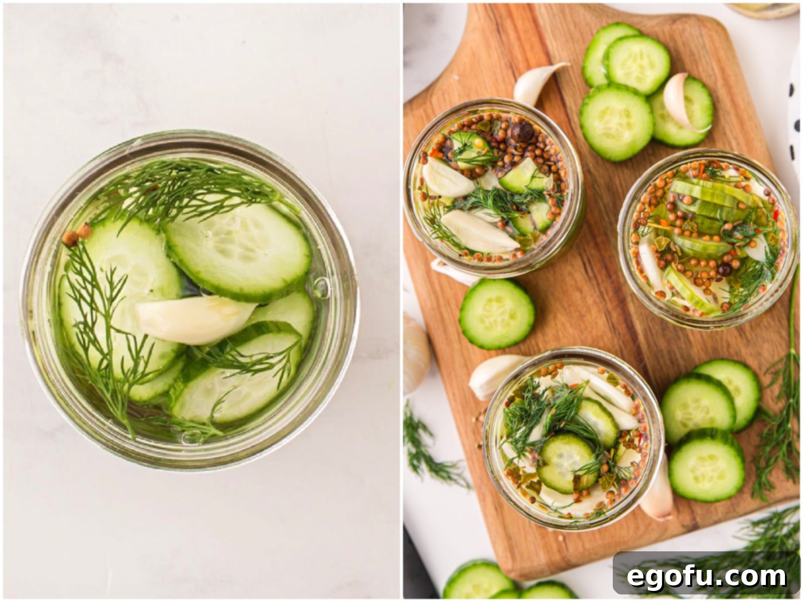 A collage of two photos: the first shows the cooled vinegar brine being carefully poured into pint jars filled with layered pickles, and the second is an overhead view of three pint jars, now completely filled with pickles and brine.
