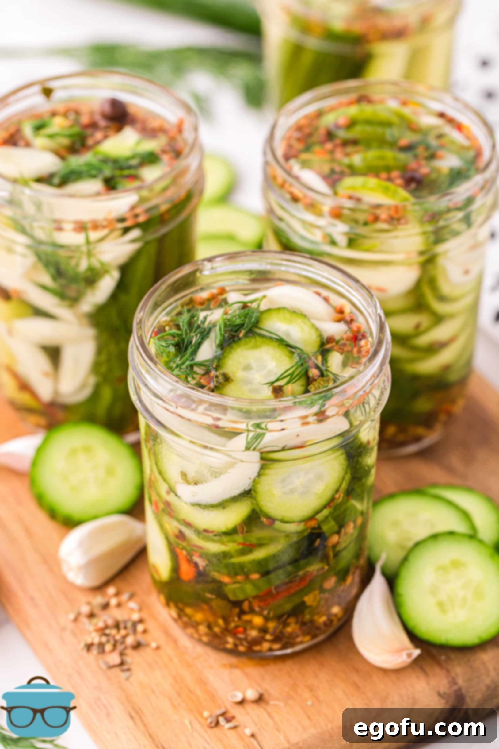 Several jars of homemade Refrigerator Pickles, freshly made and ready for chilling.