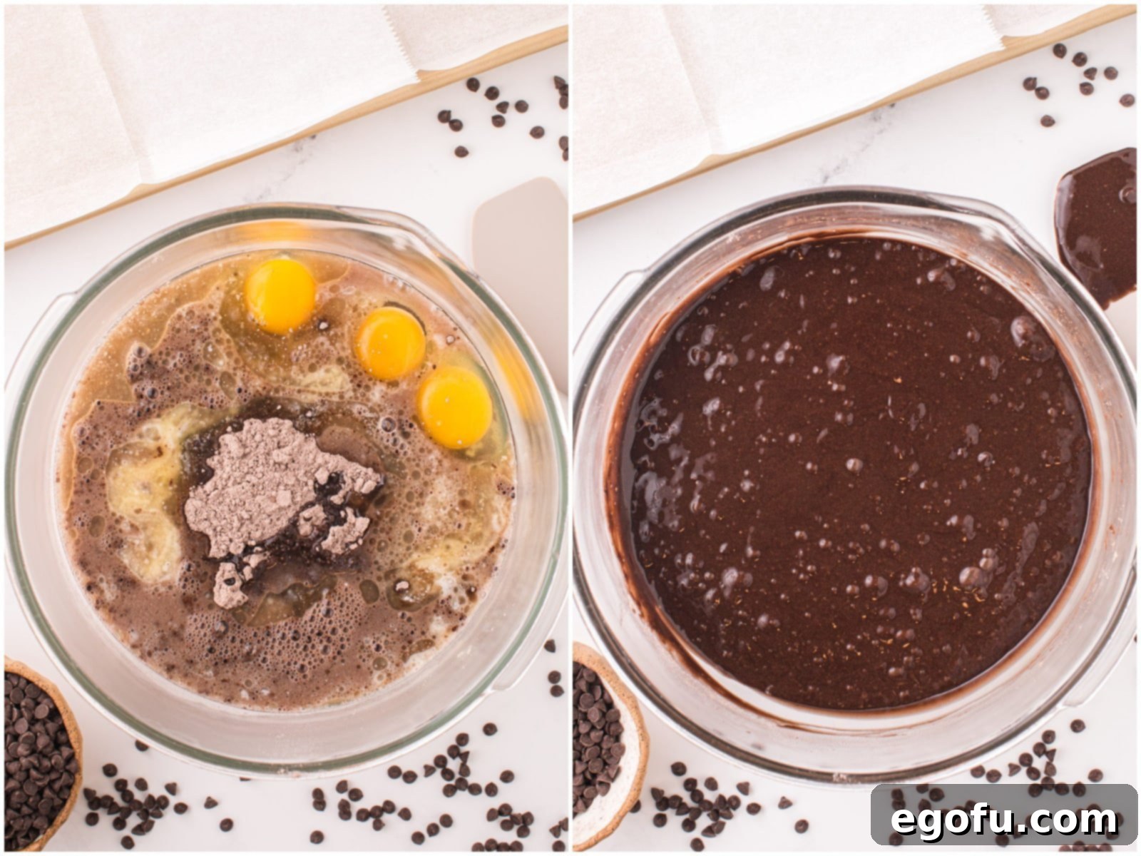 A collage showing the initial steps: 1) Mixing bowl with cake mix, eggs, melted butter, and boiling water being combined. 2) Mini chocolate chips being gently folded into the smooth chocolate cake batter.
