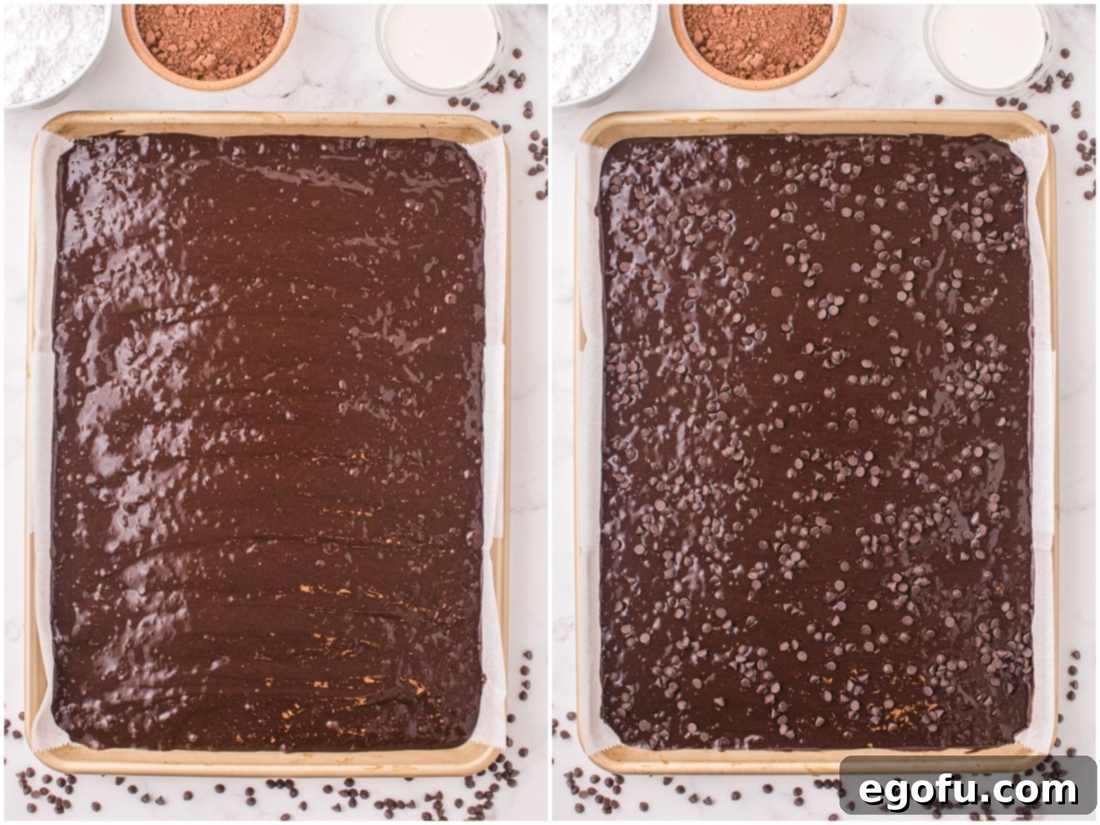 A collage illustrating the preparation for baking: 1) Smooth chocolate cake batter evenly spread in a baking pan. 2) The remaining mini chocolate chips being generously sprinkled over the batter before baking.