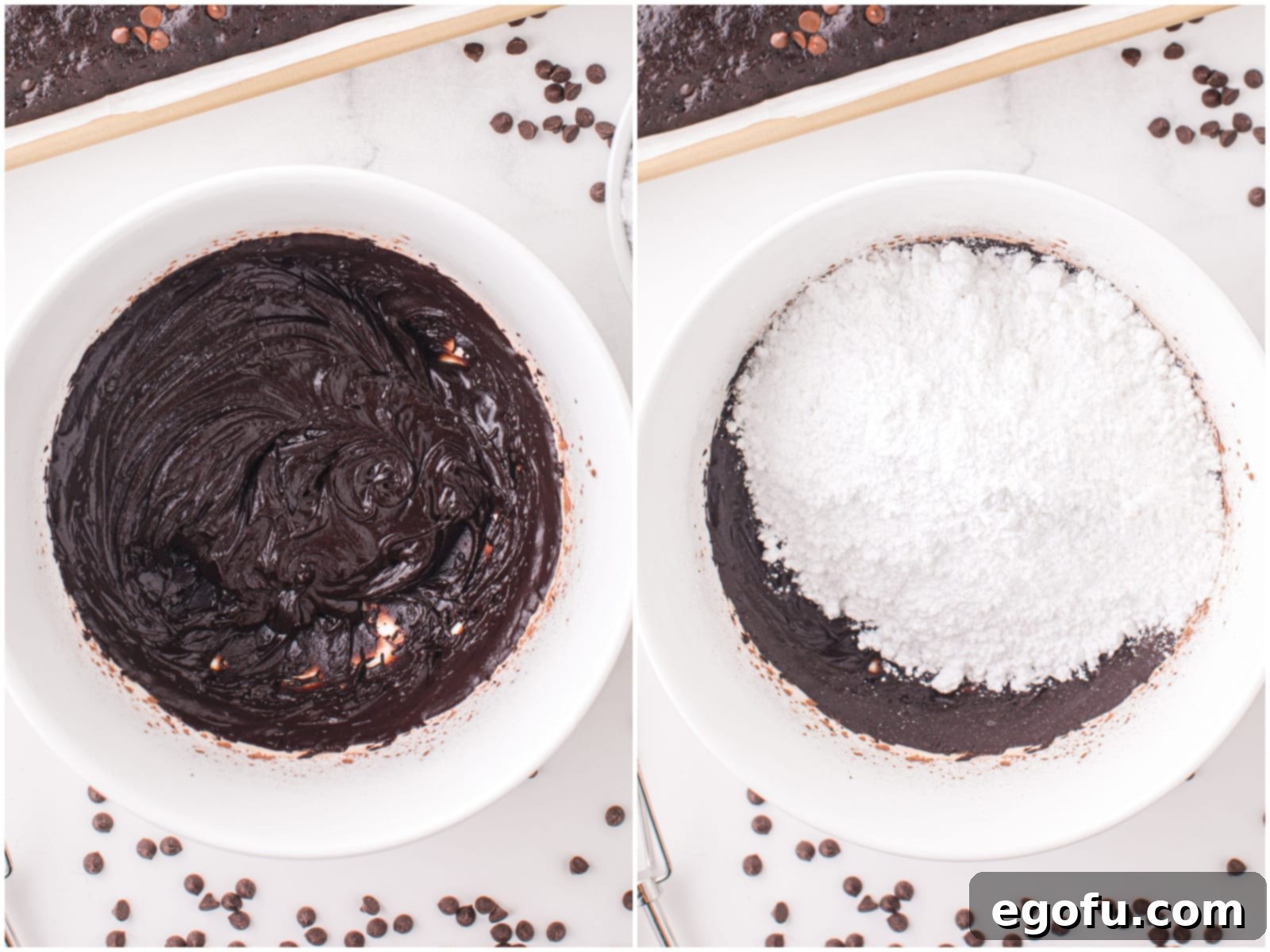 A collage showing the frosting process: 1) The rich, smooth homemade chocolate frosting in a mixing bowl. 2) Powdered sugar being slowly added and mixed into the frosting mixture for a smooth consistency.