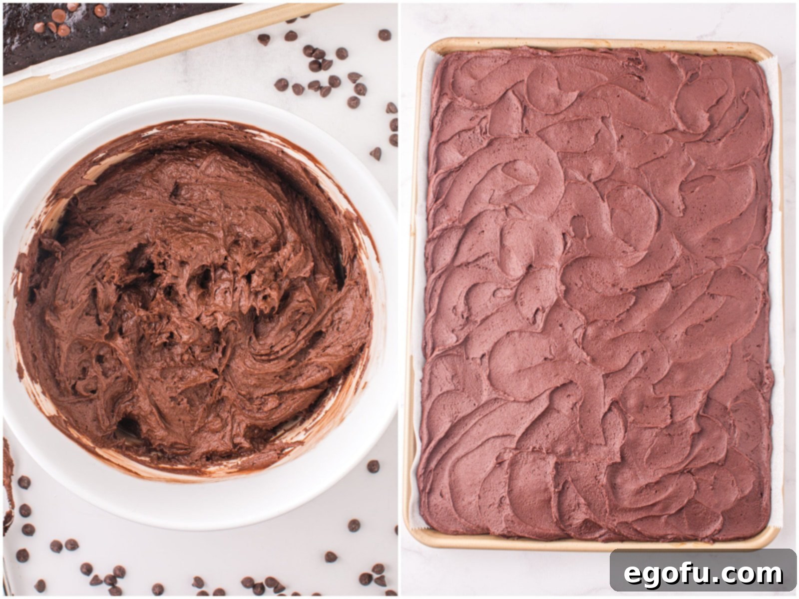 A collage showcasing the final frosting steps: 1) The delicious, fully prepared chocolate frosting in a bowl, ready to be spread. 2) The smooth, rich chocolate frosting expertly spread over the entire surface of the cooled chocolate cake.