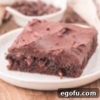 A white plate with a slice of Chocolate Sheet Cake on it.