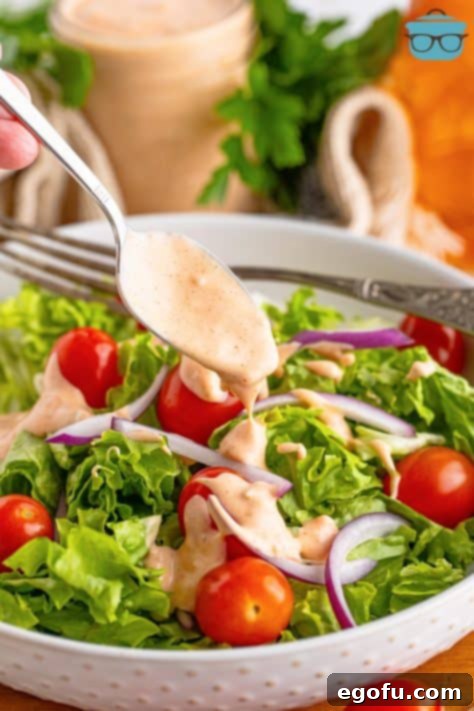 A spoon drizzling some Thousand Island Dressing on a salad.