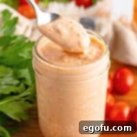 A spoon getting some homemade Thousand Island Dressing from a jar.