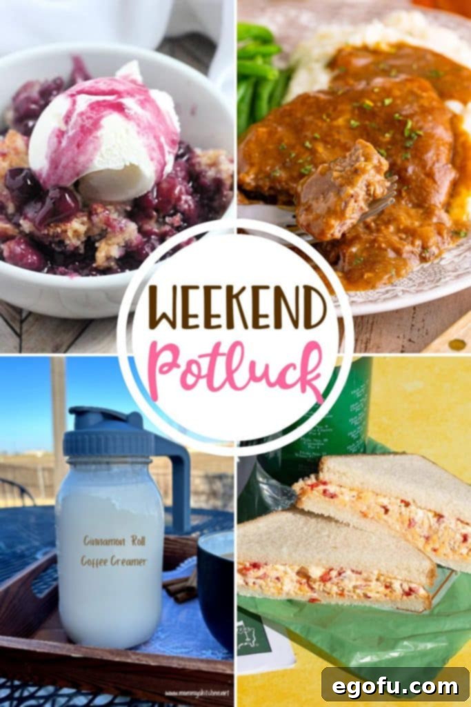 Weekend Potluck Featured Recipes A vibrant collage showcasing four featured potluck recipes: the golden-brown Cake Mix Fruit Cobbler, creamy Famous Masters Pimento Cheese, a mug of coffee with Homemade Coffee Creamer, and tender Crock Pot Cubed Steak. Each dish is presented invitingly.