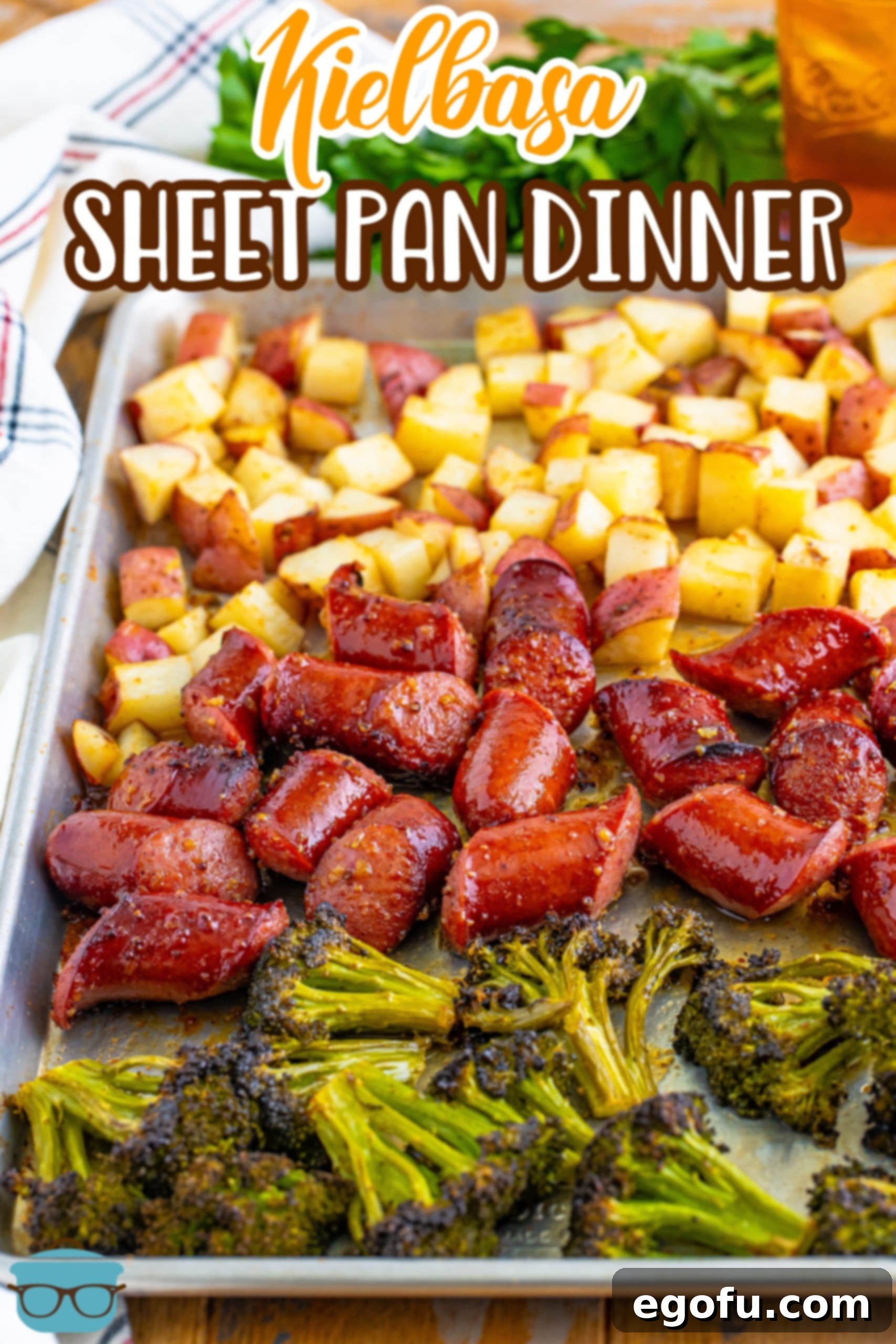 A sheet tray with a Kielbasa Dinner on it, fresh from the oven.