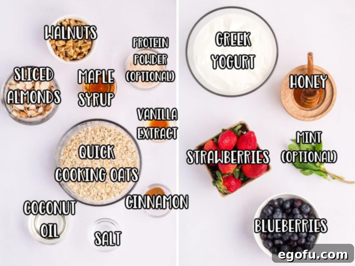 An array of fresh ingredients laid out: maple syrup, coconut oil, strawberries, blueberries, quick cooking oats, vanilla, cinnamon, kosher salt, almonds, walnuts, vanilla Greek yogurt, and honey.