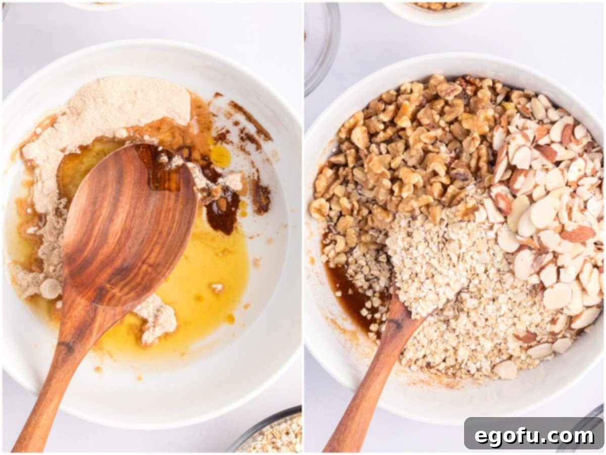 A collage of two photos: a bowl with mixed wet ingredients (syrup, coconut oil, vanilla, cinnamon, salt); and another image showing quick cooking oats, sliced almonds, and chopped walnuts being added to the same bowl.