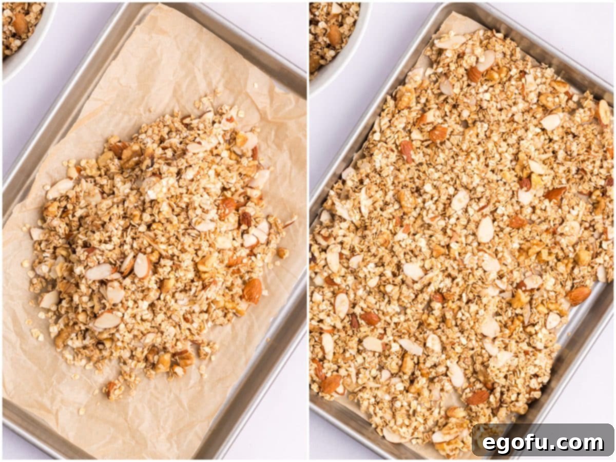 A collage of two photos: uncooked granola mixture evenly spread on a parchment paper-lined baking sheet; and another image showing the granola spread out after initial baking and stirring.