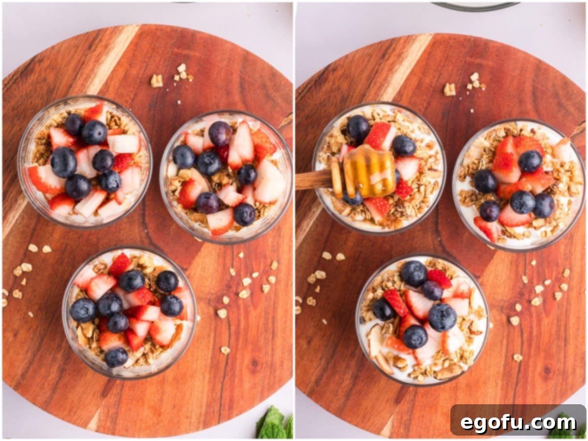 A collage of two photos: beautifully assembled and layered Yogurt Parfaits in glasses; and a close-up of honey being drizzled artfully over the top of one of the parfaits.
