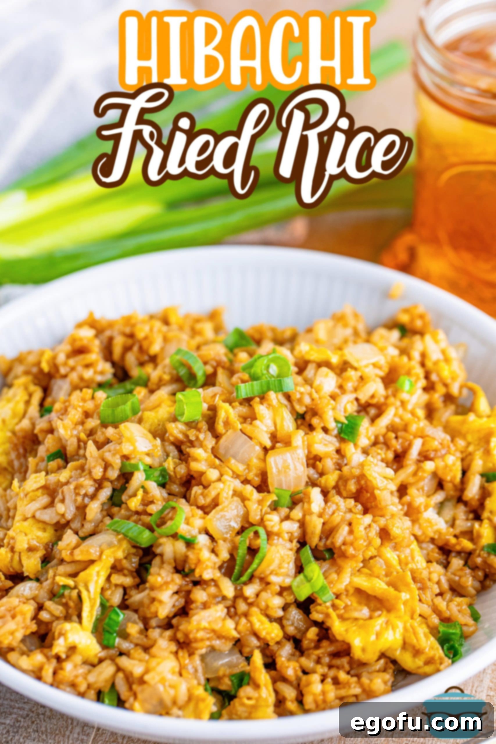 A large bowl of steaming Hibachi Fried Rice, ready to be enjoyed.