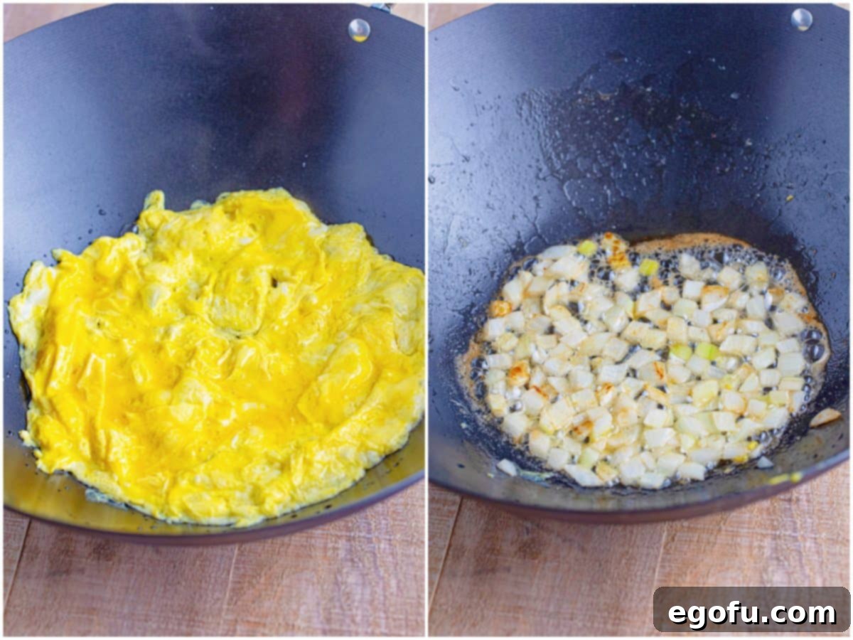 A collage showing fluffy scrambled eggs in a bowl and diced sweet onions being sautéed with butter in a wok.