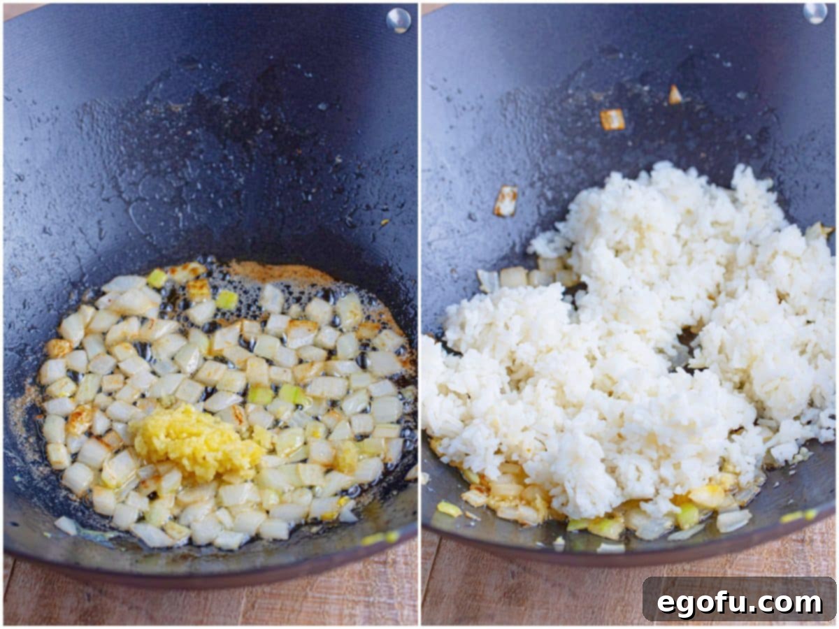 A collage depicting fresh minced garlic added to the wok with onions and butter, followed by cooked white rice being stirred into the mixture.