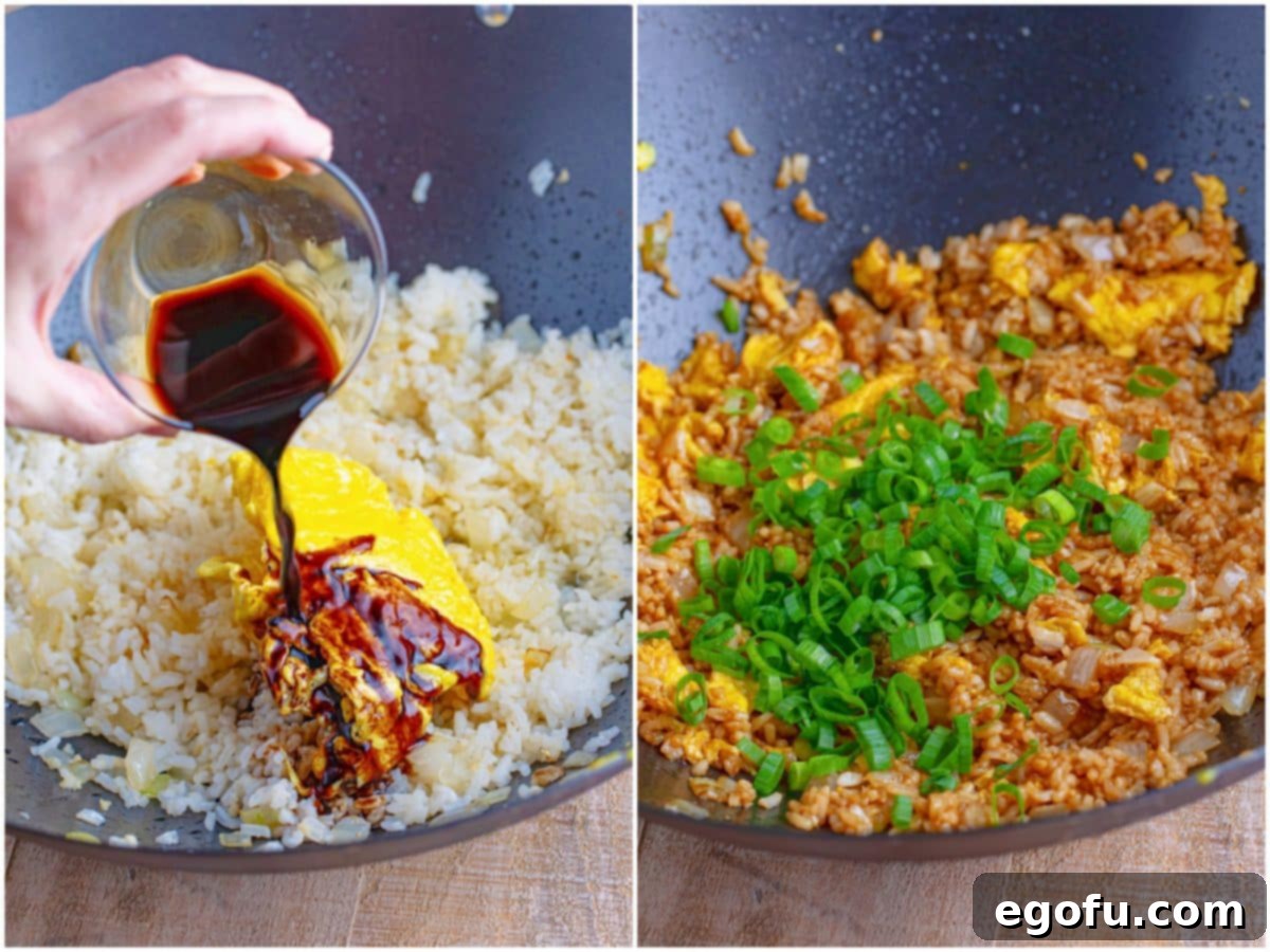 A collage showing soy sauce being drizzled over the fried rice in the wok, followed by thinly sliced green onions being stirred in for a fresh finish.