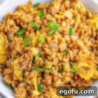 Looking closely at some Hibachi Fried Rice in a bowl, garnished with green onions.