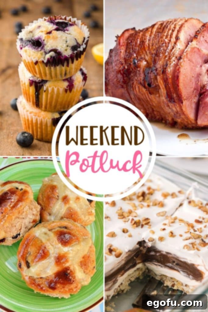 A vibrant collection of featured Weekend Potluck recipes including zesty Lemon Blueberry Muffins, savory Honey Baked Ham, comforting No-Yeast Hot Cross Buns, and decadent Chocolate Delight, showcased on a rustic wooden board.