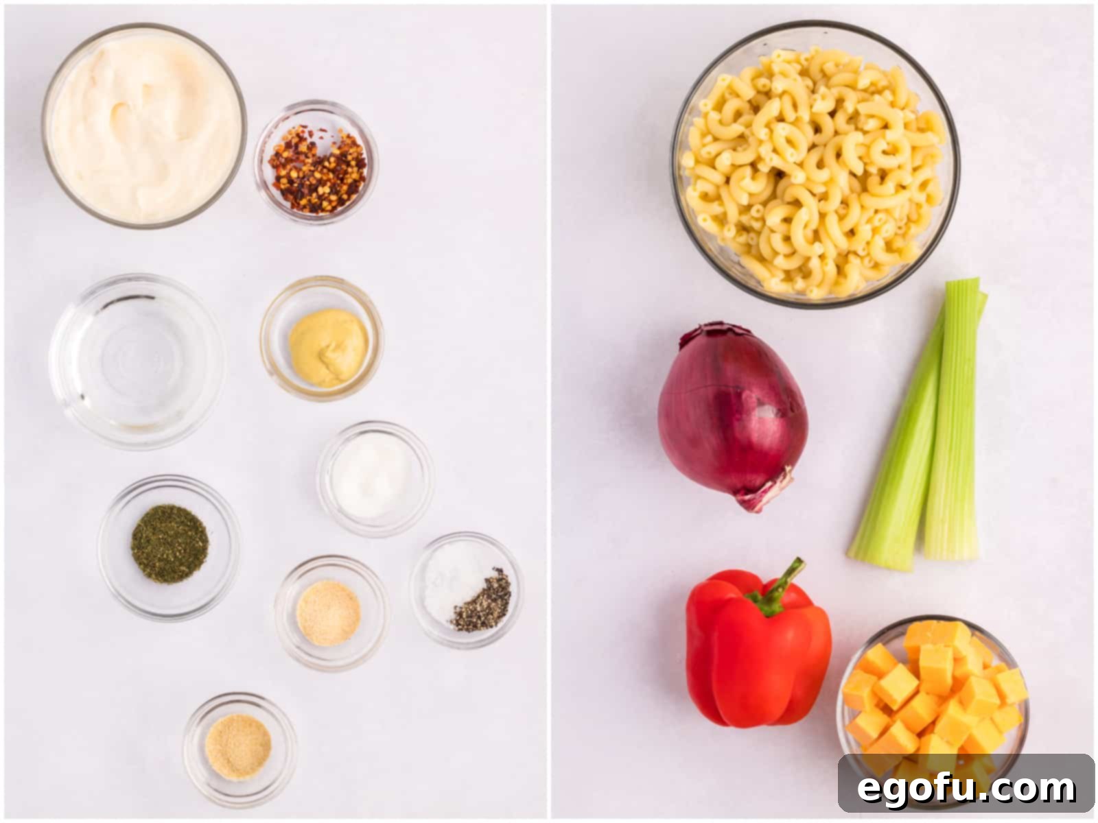 An array of fresh, vibrant ingredients for Amish Macaroni Salad, including uncooked macaroni, crisp celery, red bell pepper, cheddar cheese, red onion, and various dressing components.