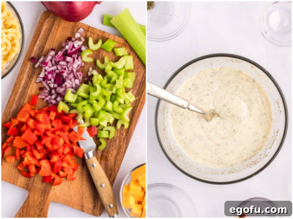 A collage of two photos: finely diced red onion, celery, and red bell pepper on a cutting board, and a bowl of creamy, whisked homemade dressing.