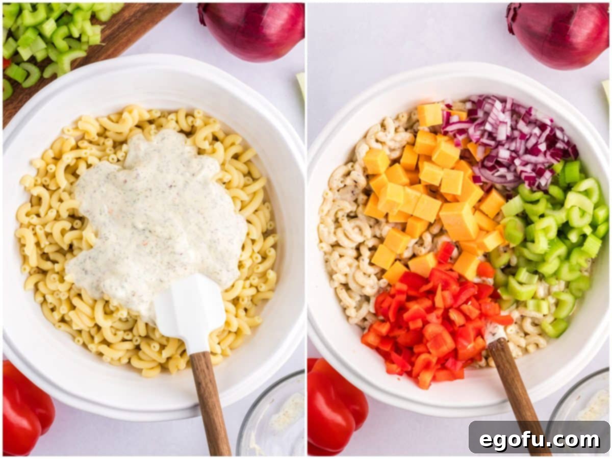 A collage showing two stages of assembly: creamy dressing being poured over cooked macaroni noodles, and then diced vegetables and cubed cheese added to the bowl with the dressed pasta.