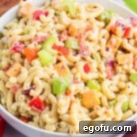 Looking closely at a bowl of Amish Macaroni Salad.