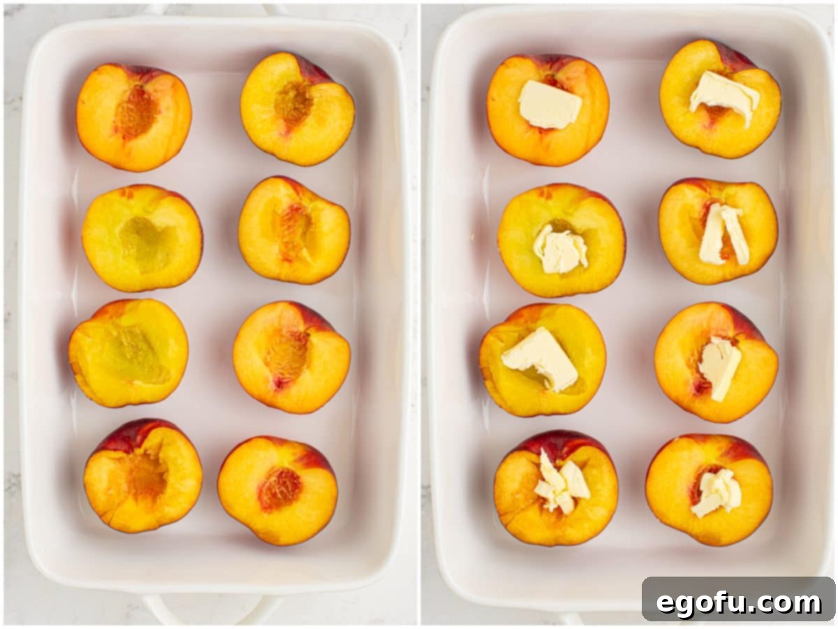 A collage showing two preparation stages: eight peach halves with pits removed in a baking dish, and butter slices placed into the center of each peach half.